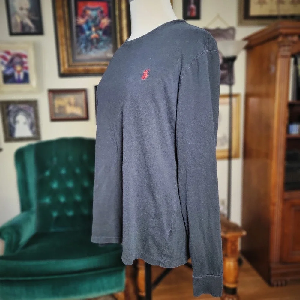 Polo Ralph Lauren Shirt Mens Medium Black Long Sleeve Red Pony Logo Cotton Tee
